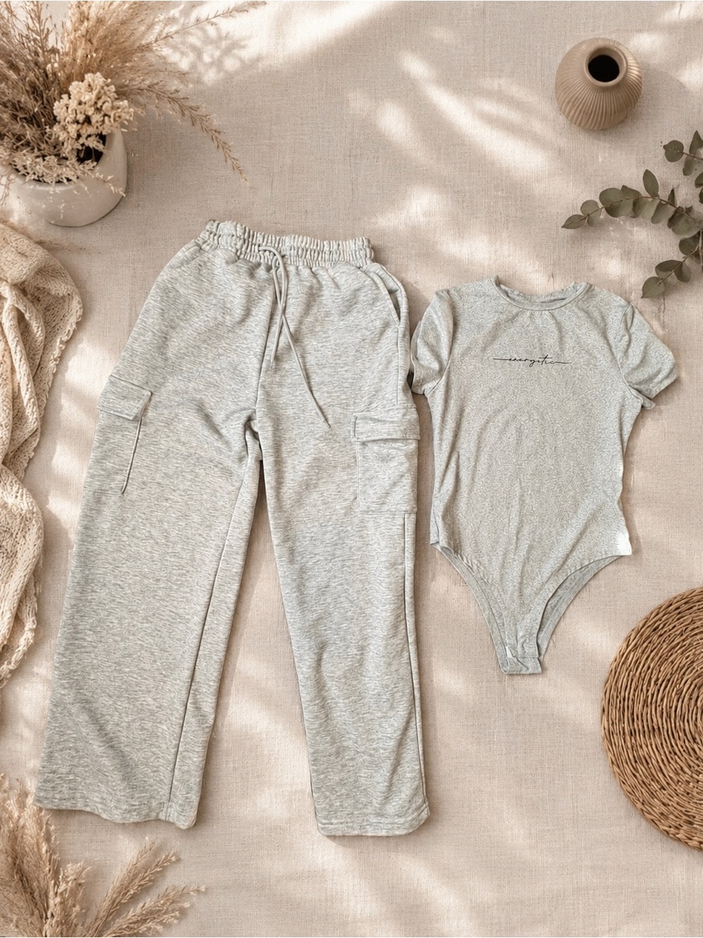 Light grey Lounge Set Bodysuit & Cargo Sweatpants Matching Set Y2K Cozy Chic